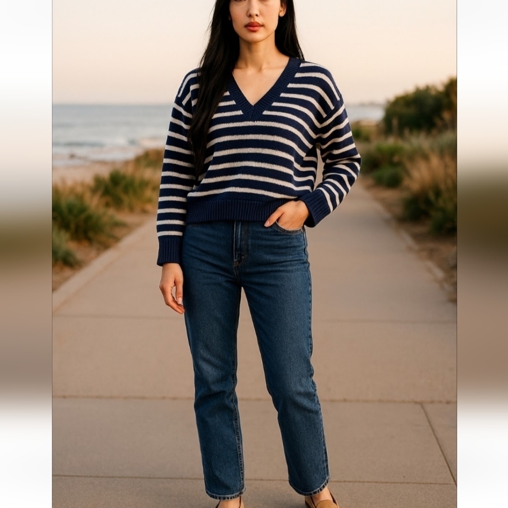 NWT, KERRI ROSENTHAL Blue And White Straight Chic Sweater Size L